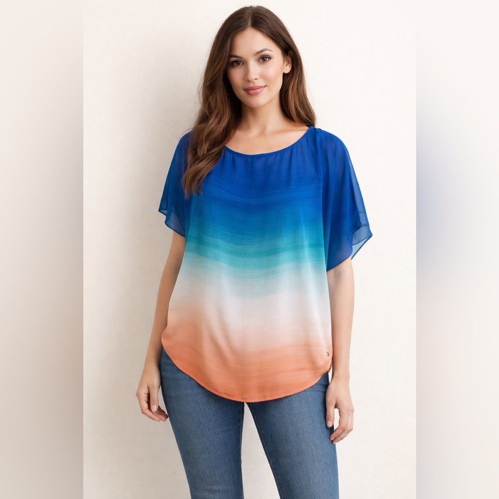 GUESS Blue Ombre Chiffon Blouse | Sheer Flowy Summer Top Size S